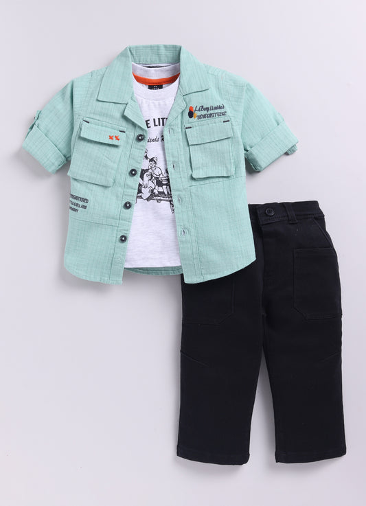 Cotton Woven Full Sleeves Solid Shirt and Pants, Tshirt and Printed Scarf Casual Set-Green