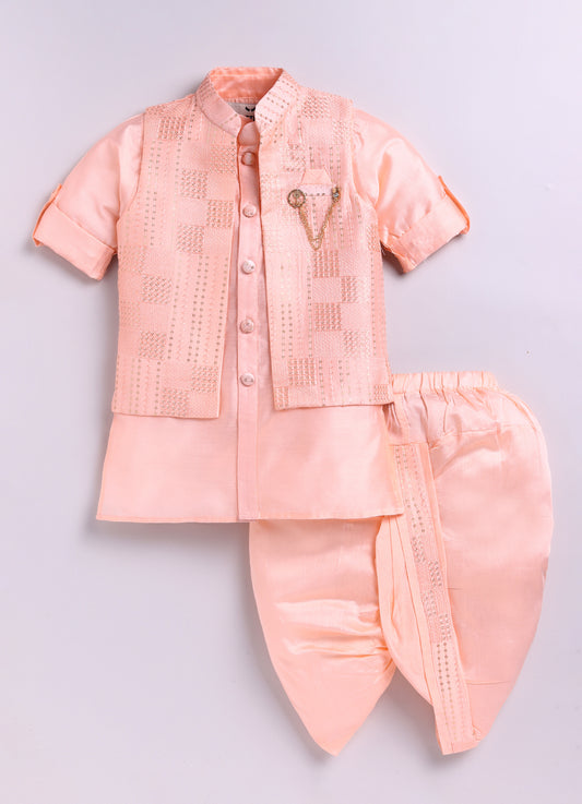 Blended Silk Embellished and Embroidered Woven Full Sleeves Pack of 4 Kurta Dhoti with open Nehru Jacket and Brooch Pin Ethnic Set- Peach