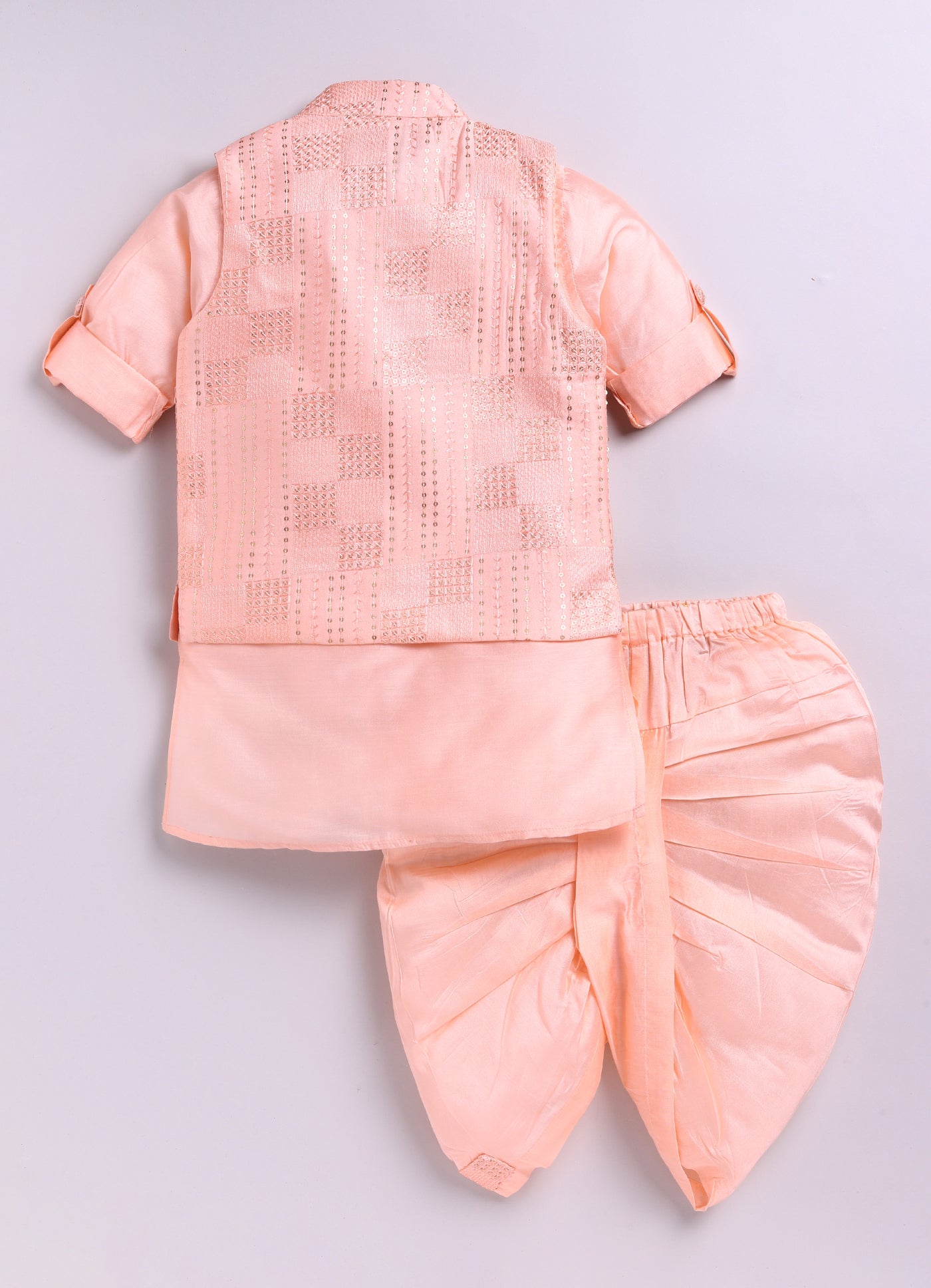 Blended Silk Embellished and Embroidered Woven Full Sleeves Pack of 4 Kurta Dhoti with open Nehru Jacket and Brooch Pin Ethnic Set- Peach