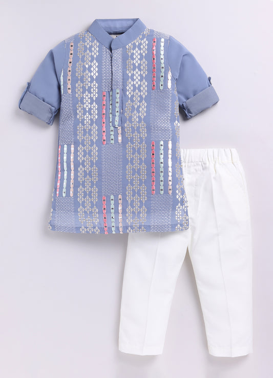 Blended Chiffon Georgette Mirror Work Embellished and Embroidered Full Sleeves Woven Pack of 2 Kurta Pajama Ethnic Set- Grey