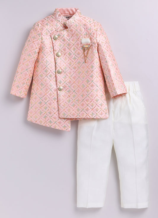 Blended Silk Woven Full Sleeves Sequins Embellished  &  Embroidered Achkan Pyjama Pant With Brooch Ethnic Set - Pink