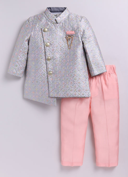 Blended Silk Woven Full Sleeves Sequins Embellished  &  Embroidered Achkan Pajama Pant With Brooch Ethnic Set - Grey