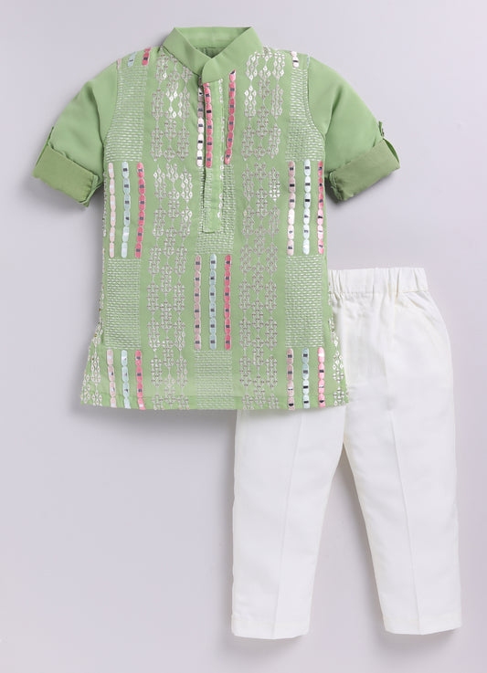 Blended Chiffon Georgette Mirror Work Embellished and Embroidered Full Sleeves Woven Pack of 2 Kurta Pajama Ethnic Set- Green