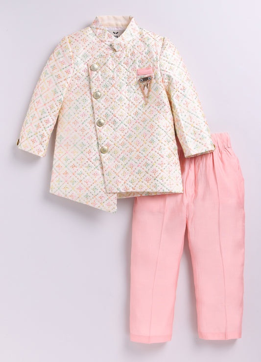 Blended Silk Woven Full Sleeves Sequins Embellished  &  Embroidered Achkan Pyjama Pant With Brooch Ethnic Set - Cream