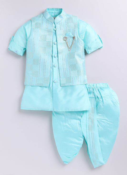 Blended Silk Embellished and Embroidered Woven Full Sleeves Pack of 4 Kurta Dhoti with open Nehru Jacket and Brooch Pin Ethnic Set- Mint