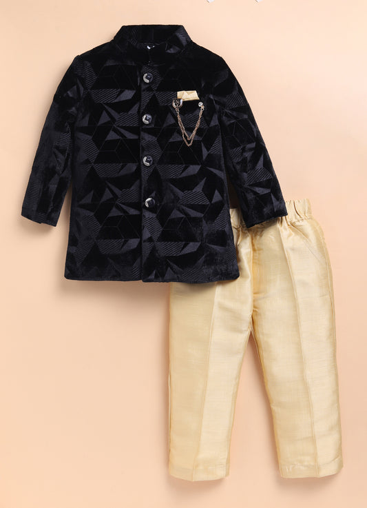 Velvet Woven Full Sleeves Abstract Geometric Jacquard Achkan Pajama Pants With Brooch Ethnic Set - Black