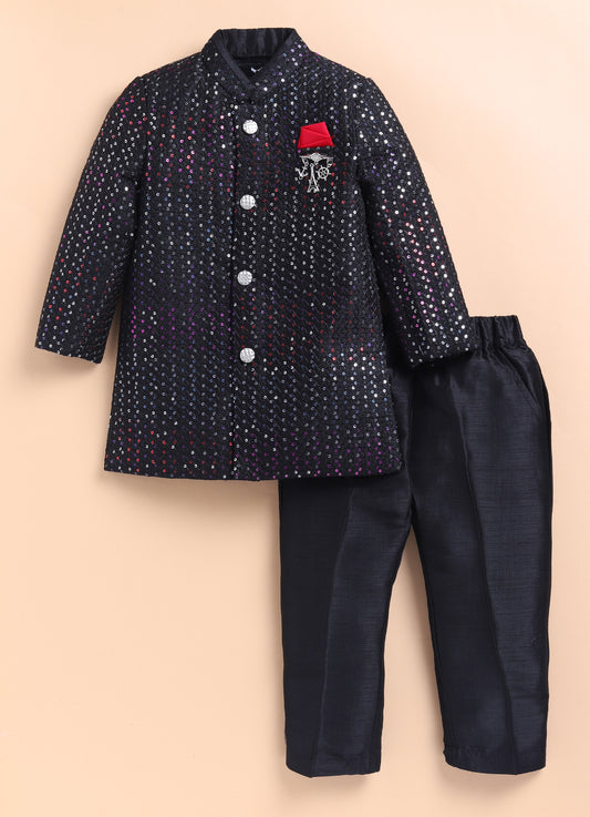 Little Collars Blended Silk Woven Full Sleeves Sequins Embellished and Embroidered Achkan Pajama Pants with Brooch Partywear Set - Black
