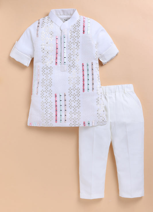 Blended Chiffon Georgette Mirror Work Embellished and Embroidered Full Sleeves Woven Pack of 2 Kurta Pajama Ethnic Set-  Off White