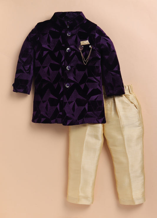Velvet Woven Full Sleeves Abstract Geometric Jacquard Achkan Pajama Pants With Brooch Ethnic Set - Wine