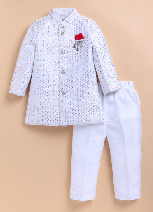 Blended Silk Woven Full Sleeves Sequins Embellished and Embroidered Achkan Pajama Pants with Brooch Partywear Set - White