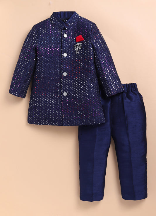 Little Collars Blended Silk Woven Full Sleeves Sequins Embellished and Embroidered Achkan Pyjama Pants with Brooch Partywear Set - Navy Blue