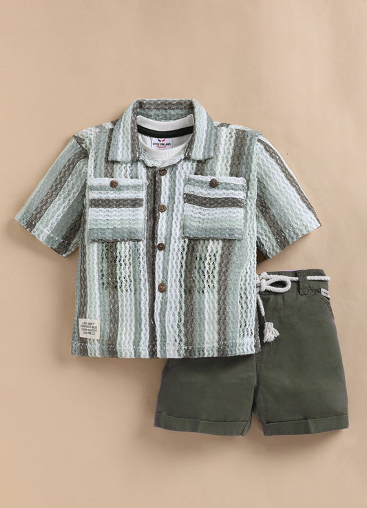 Boys Mesh Net Striped Korean Fit Shirt, Forest printed T-Shirt, Short Pant with Jute Drawstring Casual Set - Green