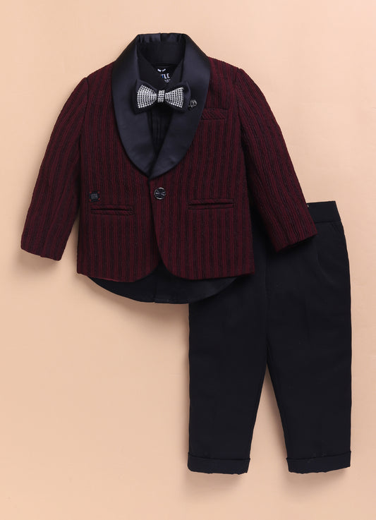 Blended Jacquard Woven Full Sleeves Striped Coat Pant with Tuxedo Shirt Bow and Brooch Formal Coat Set- Maroon
