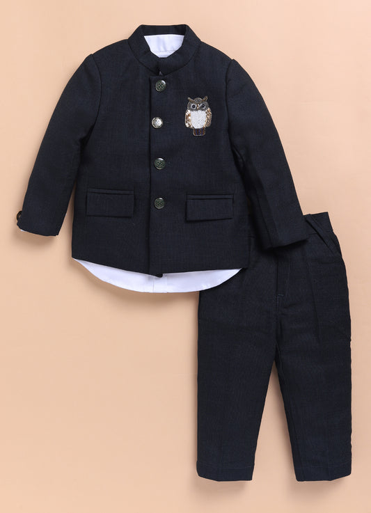 Terry Cotton Woven Full Sleeves Owl Embroidered Prince Coat Pant With Shirt Party Suit Set- Green