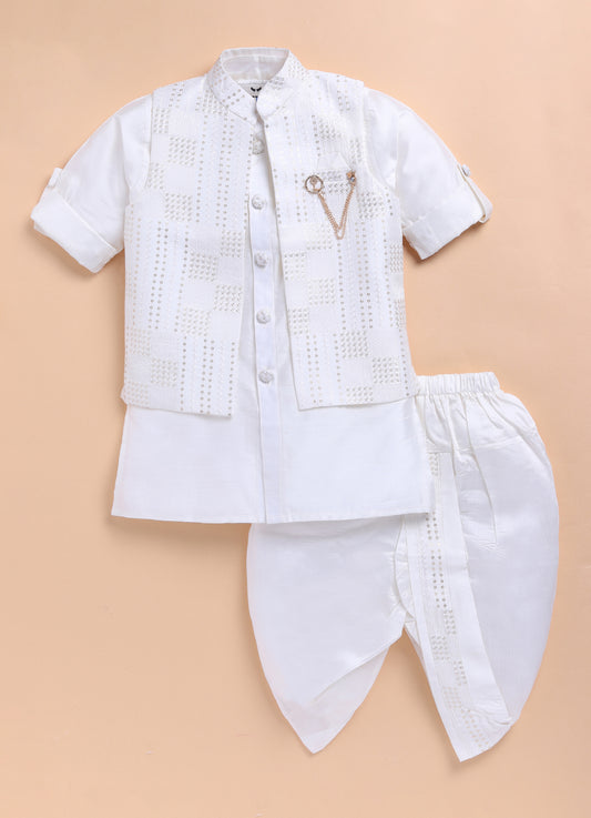 Blended Silk Embellished and Embroidered Woven Full Sleeves Pack of 4 Kurta Dhoti with open Nehru Jacket and Brooch Pin Ethnic Set- Off White