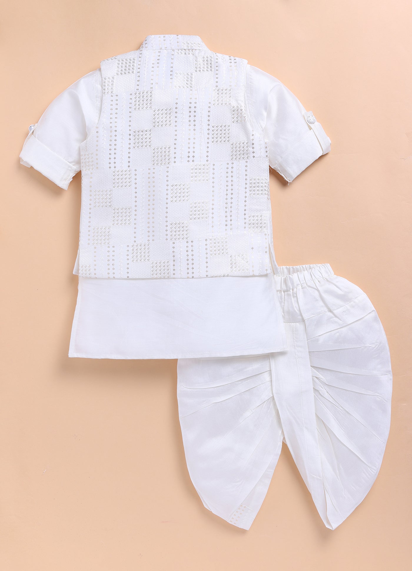 Blended Silk Embellished and Embroidered Woven Full Sleeves Pack of 4 Kurta Dhoti with open Nehru Jacket and Brooch Pin Ethnic Set- Off White
