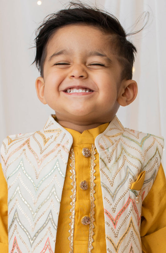 LITTLE COLLARS Cotton Silk Full Sleeves Sequins & Lace Embellished Threadwork Embroidered Kurta Pyjama With Jacket Set - Mustard