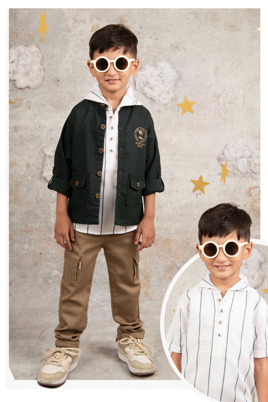 Green Casual and Stylish Full Sleeves Cotton Blend Washed Shacket with Pants and Striped Half Sleeves Hooded Kurta Shirt