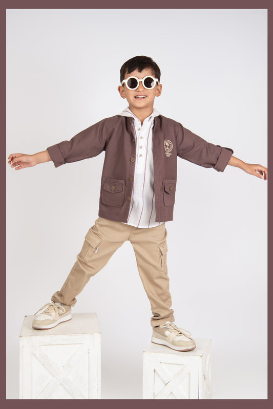 Lavender Casual and Stylish Full Sleeves Cotton Blend Washed Shacket with Pants and Striped Half Sleeves Hooded Kurta Shirt