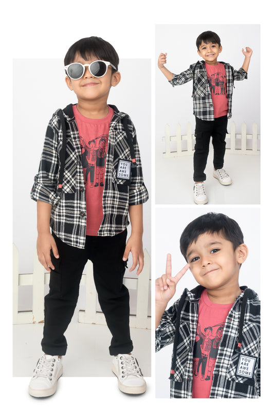 Cherry Recycled Cotton Checkered Casual Overshirt and Cargo Pants Set