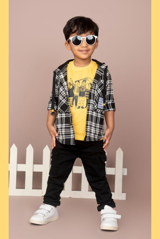 Mustard Recycled Cotton Checkered Casual Overshirt and Cargo Pants Set