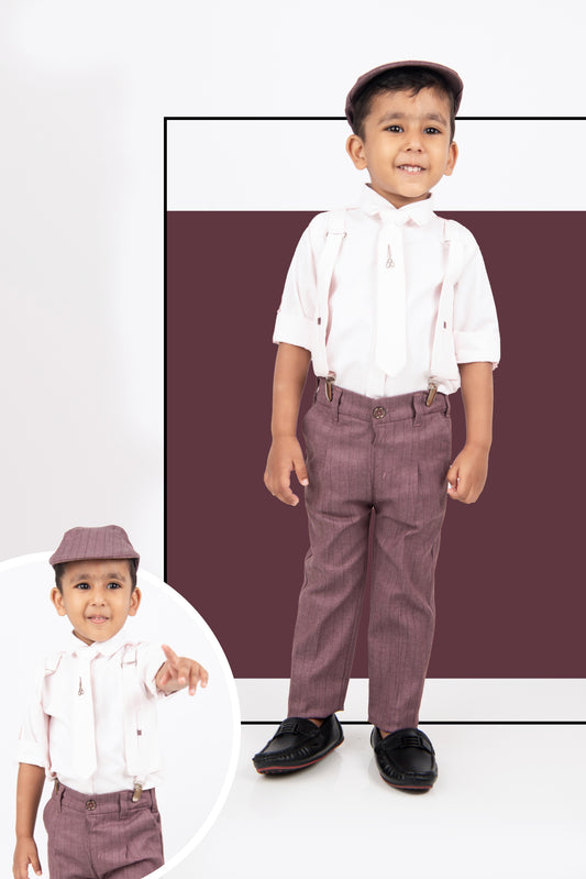 Wine Attached Suspender Striped Pants Shirt and Tie Formal Set