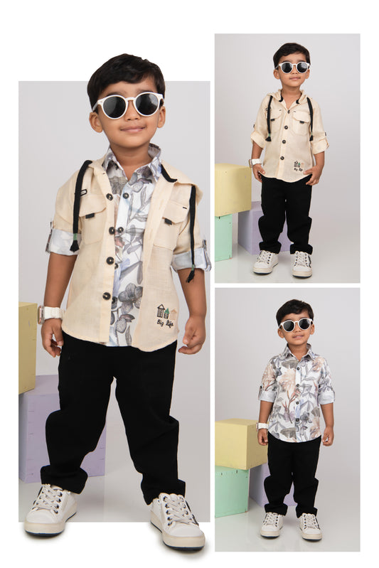 Hooded Shacket, Printed Shirt and Denim Pants Set for Boys