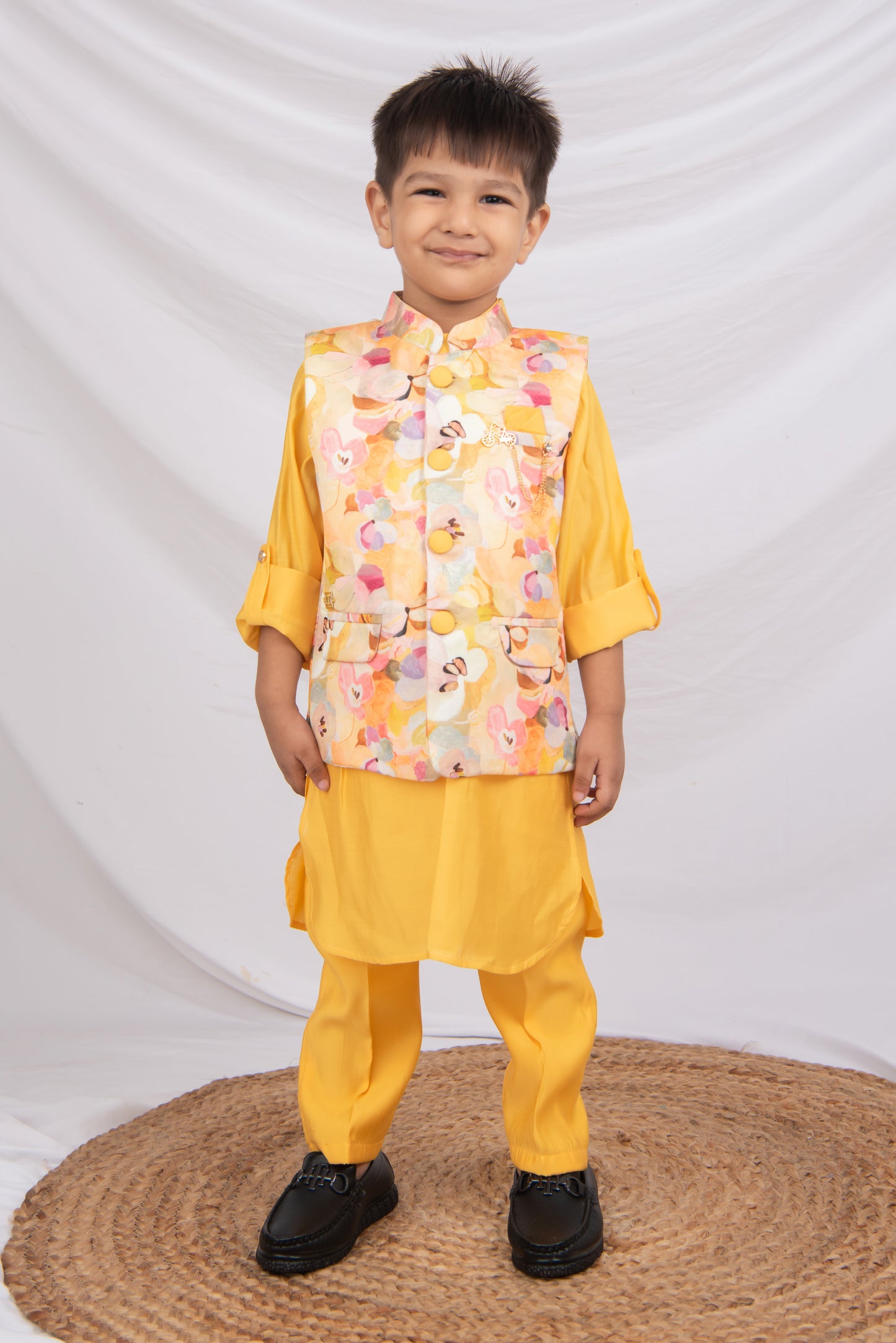 Floral Ethnic Kurta Jacket Set for Boys- Yellow
