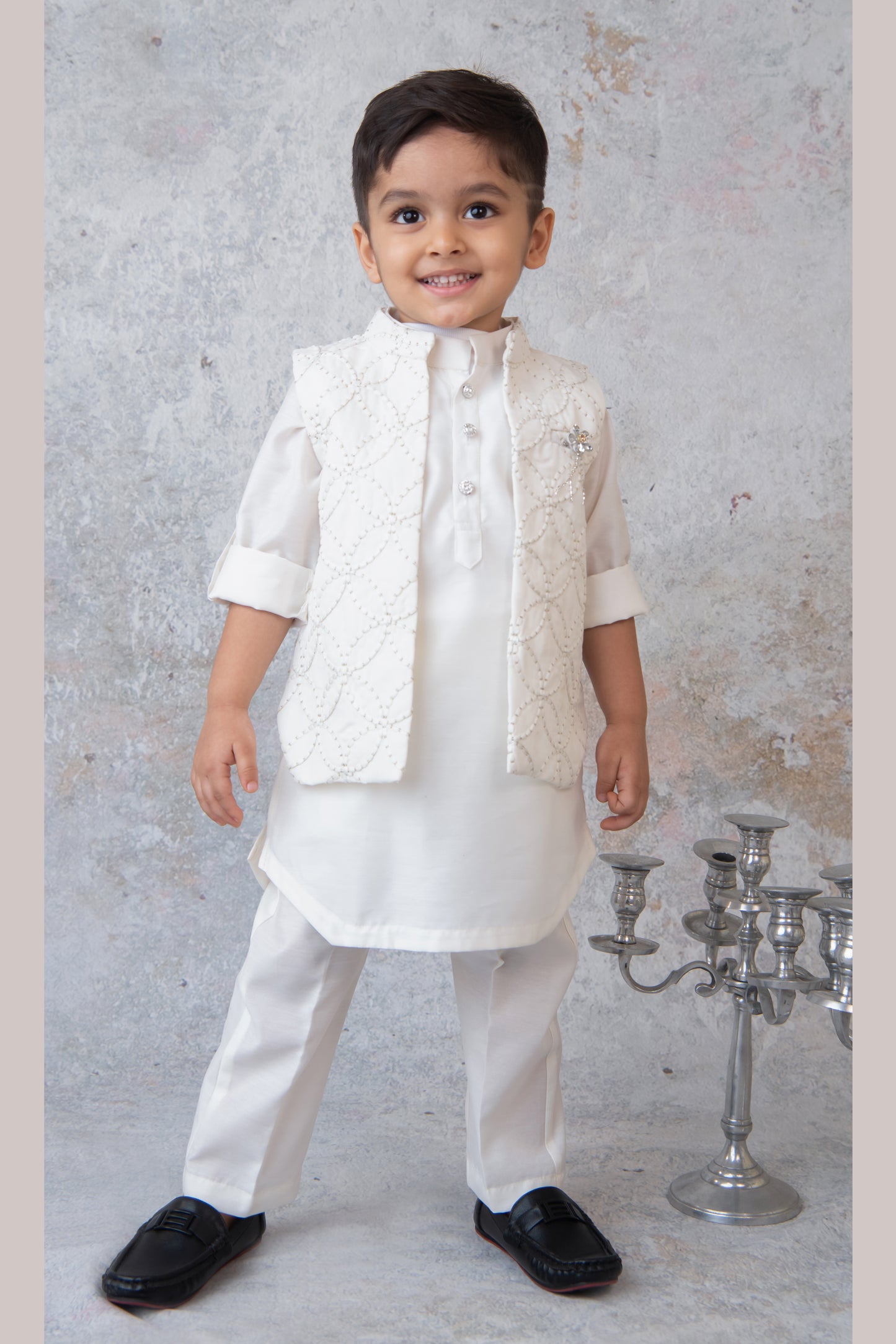 Boys Thread Work Embroidered Cream Kurta Pajama Jacket Set
