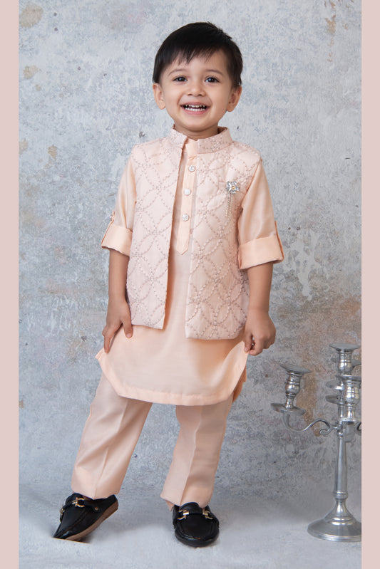 Boys Thread Work Embroidered Peach Kurta Pajama Jacket Set
