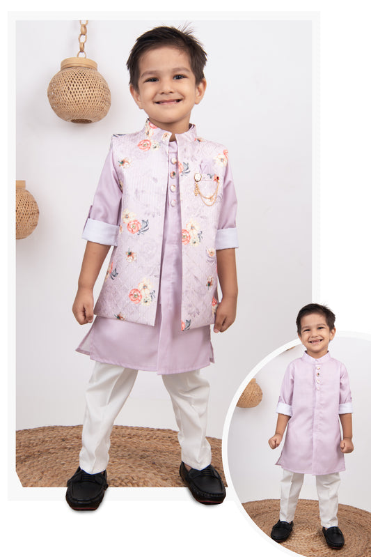 Boys Floral Embroidered Jacket Kurta Set-Lavender