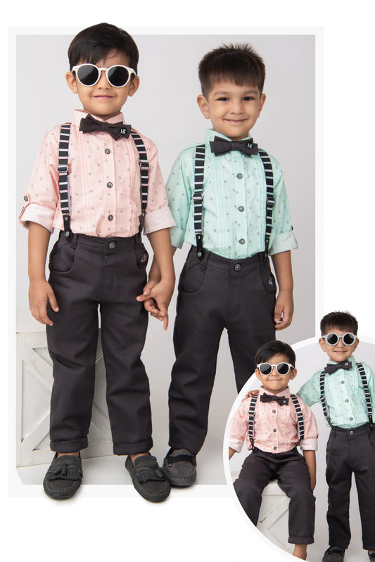 Cotton Printed Shirt Pant Suspender Bow Set - Peach