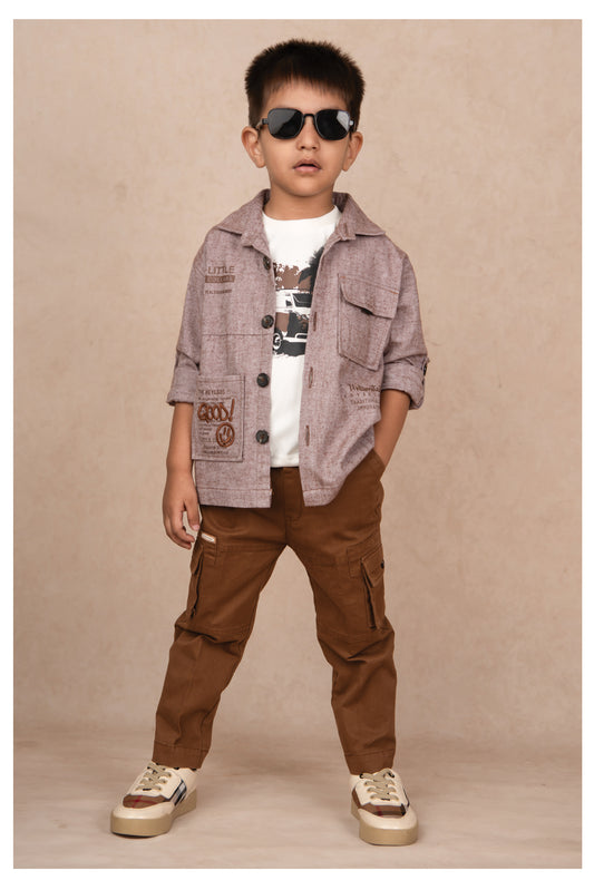 Cotton Woven Full Sleeves Solid Shacket Shirt Pant with Printed T-shirt Casual Set-Coffee