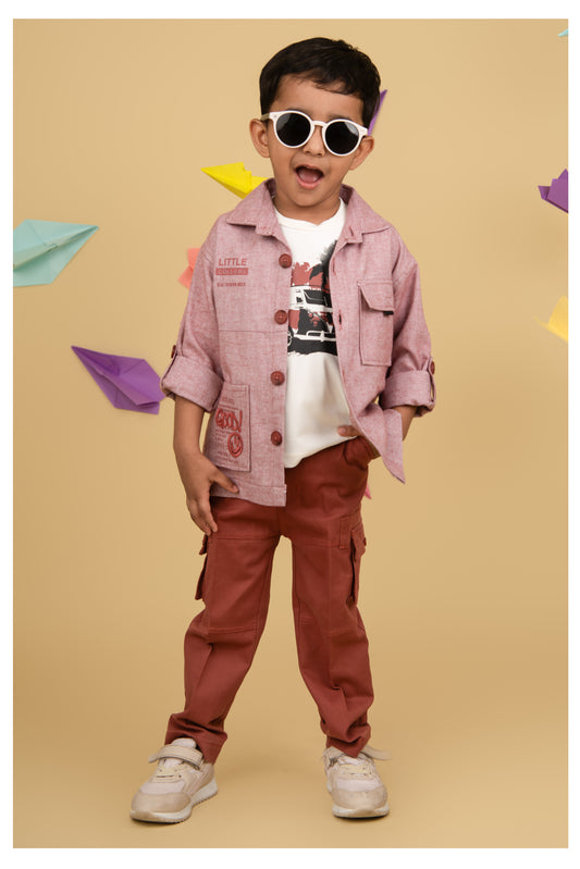 Cotton Woven Full Sleeves Solid Shacket Shirt Pant with Printed T-shirt Casual Set- Rust