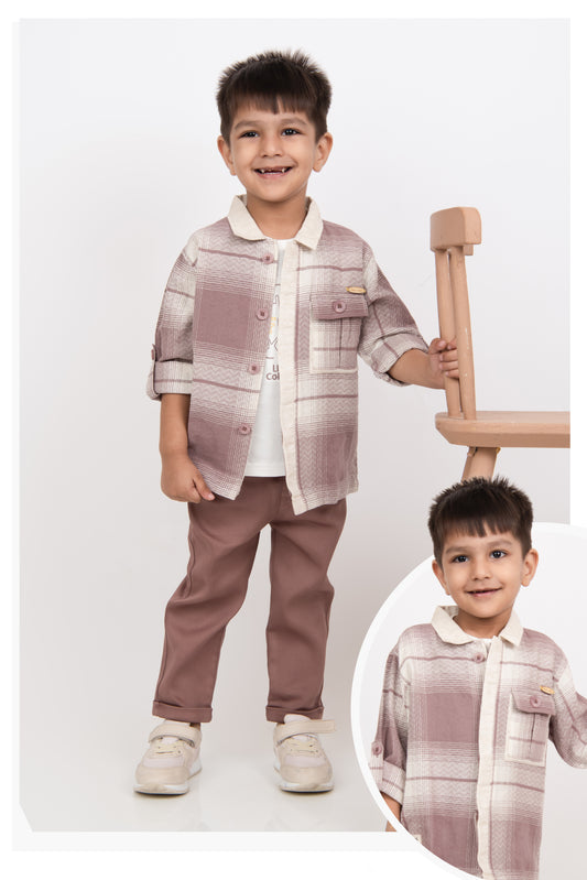 Trendy and Timeless Cotton Checkered Shacket 3 piece Casual Set for Boys- Lavender