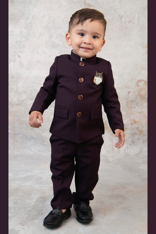 Terry Cotton Woven Full Sleeves Owl Embroidered Prince Coat Pant With Shirt Party Suit Set- Maroon