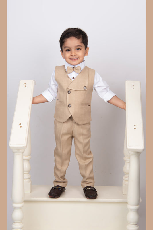 Blended Woven Full Sleeves Solid Shirt Pant with Waistcoat Coord and Bow Partywear Set - Beige