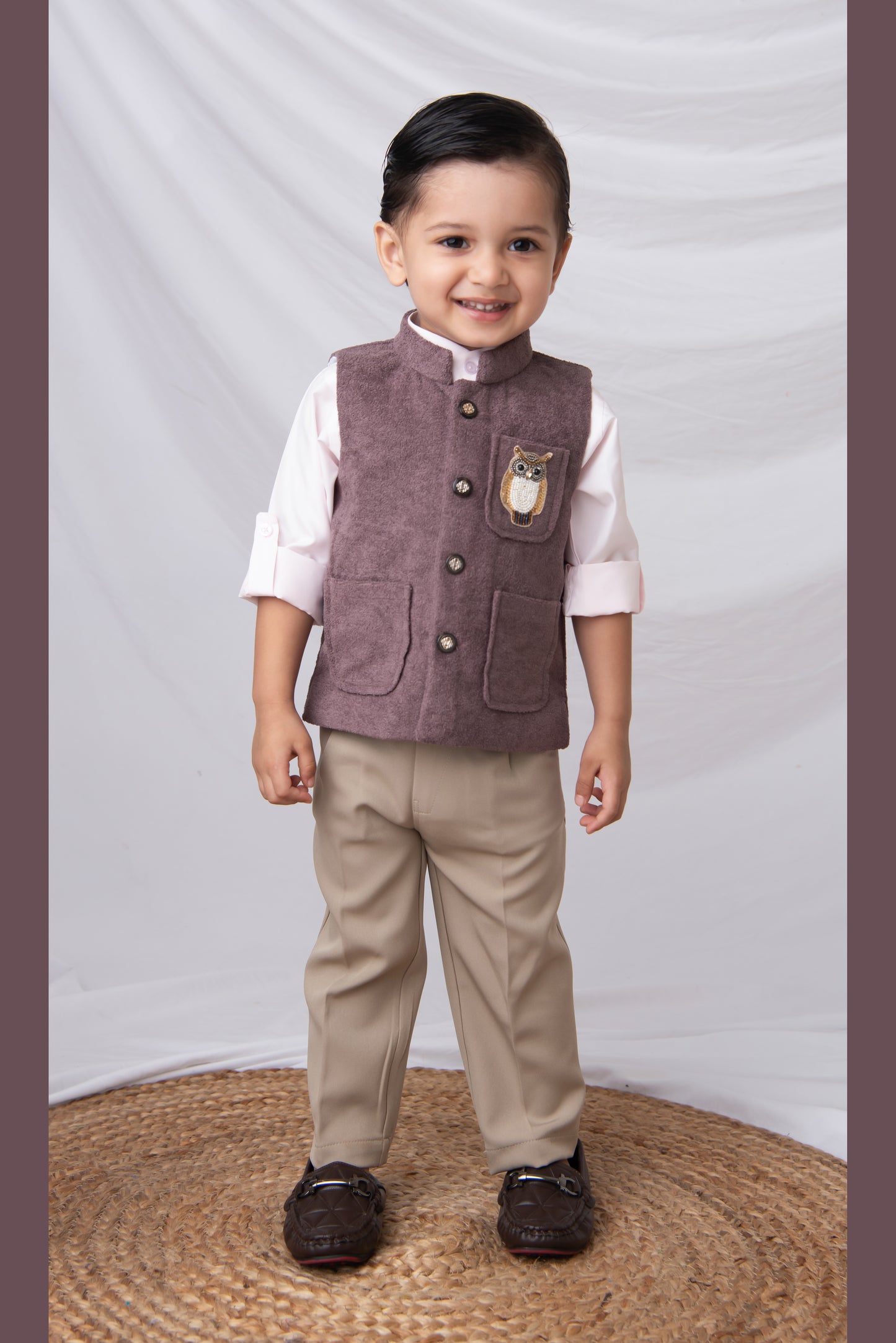 Cotton Blend Full Sleeves Solid Shirt & Pant With Sequins Embellished Owl Designed Waistcoat Set - Burgandy