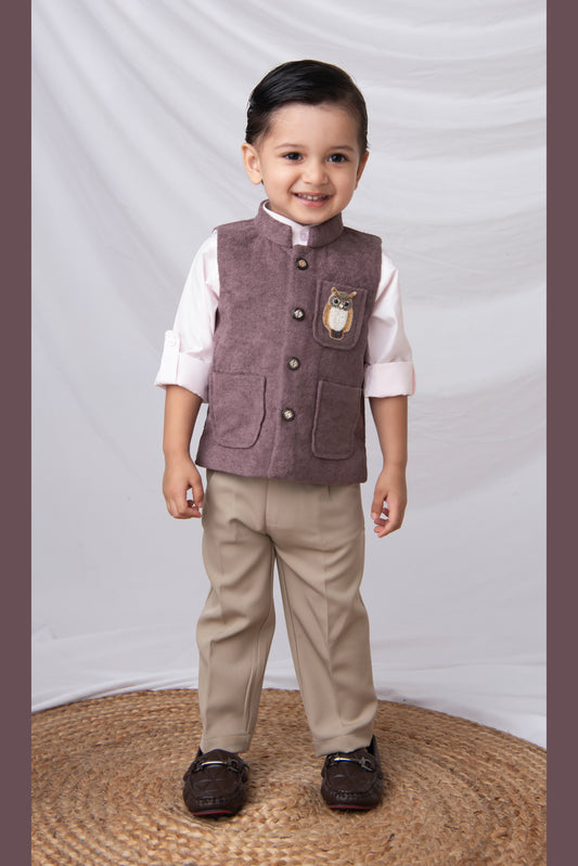 Cotton Blend Full Sleeves Solid Shirt & Pant With Sequins Embellished Owl Designed Waistcoat Set - Burgandy