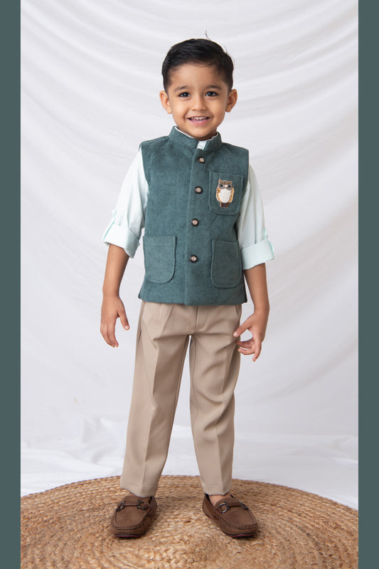 Cotton Blend Full Sleeves Solid Shirt & Pant With Sequins Embellished Owl Designed Waistcoat Set - Teal
