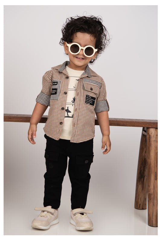 Pure Cotton Woven Double Cloth Full Sleeves Checks Shirt Pant with Tshirt Casual Set- Coffee