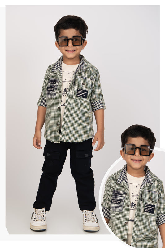 Pure Cotton Woven Double Cloth Full Sleeves Checks Shirt Pant with Tshirt Casual Set- Green