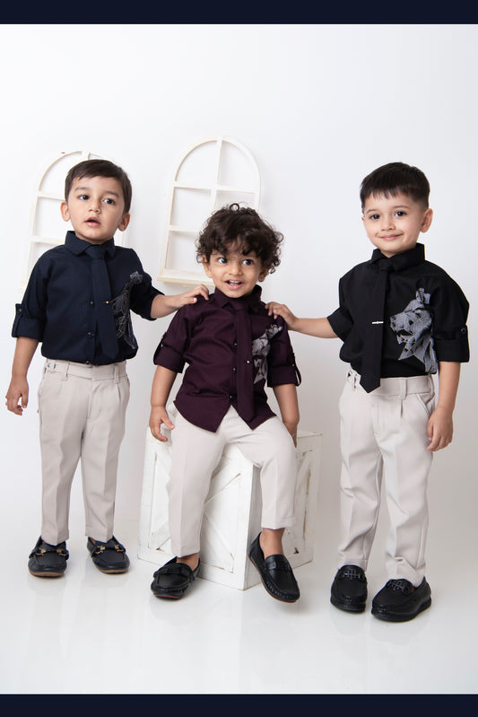 Navy Blue Formal Animal Printed Full Sleeves Shirt Pant Tie Set