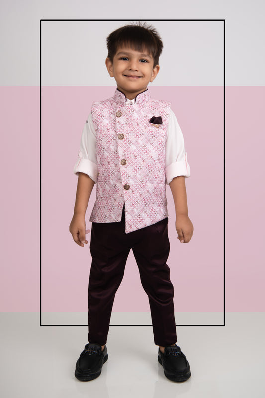 Charming Formal and Traditional Embellished Nehru Jacket Set for Boys- Wine
