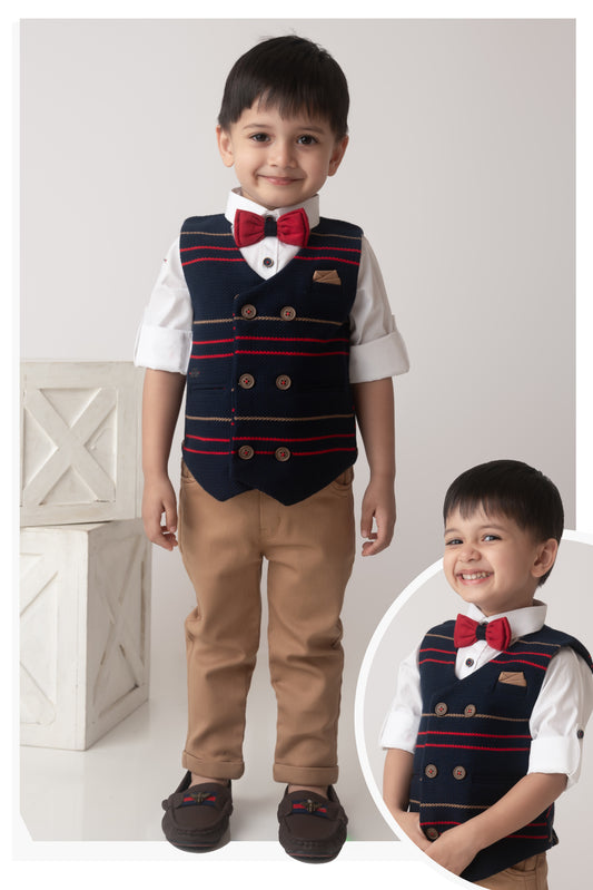 Navy Elegant Striped Jacquard Full Sleeves Partywear Set with Bow