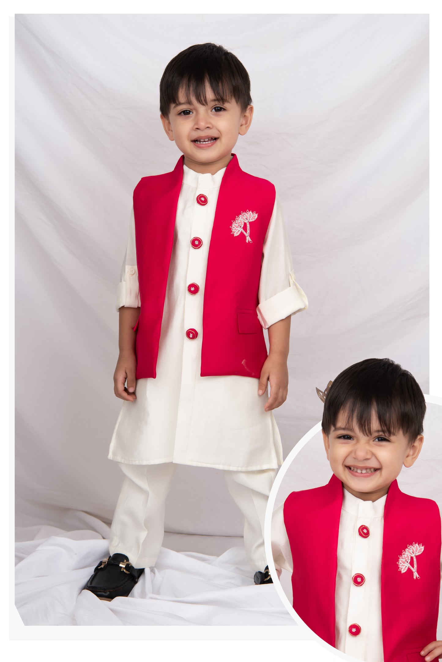 Little Collars Boys Festive Hot Pink Floral Motif Ethnic Nehru Jacket Kurta Pajama Set - Pink