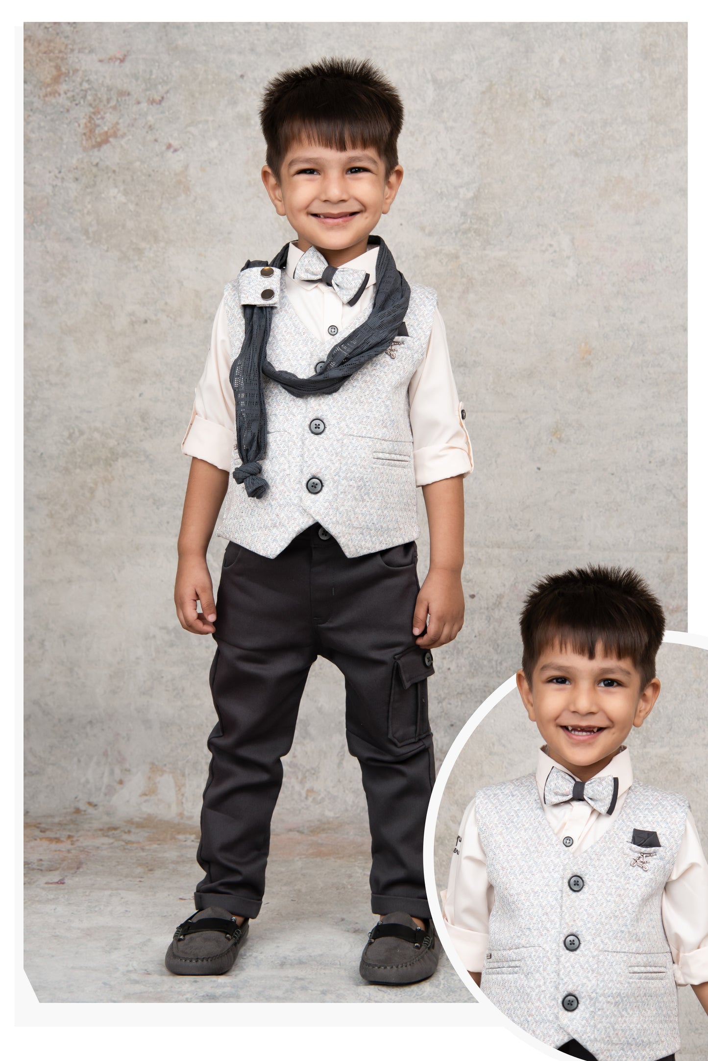 Grey Charming and Trendy Jacquard Waistcoat Set with Stole and Bow