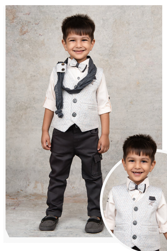 Grey Charming and Trendy Jacquard Waistcoat Set with Stole and Bow