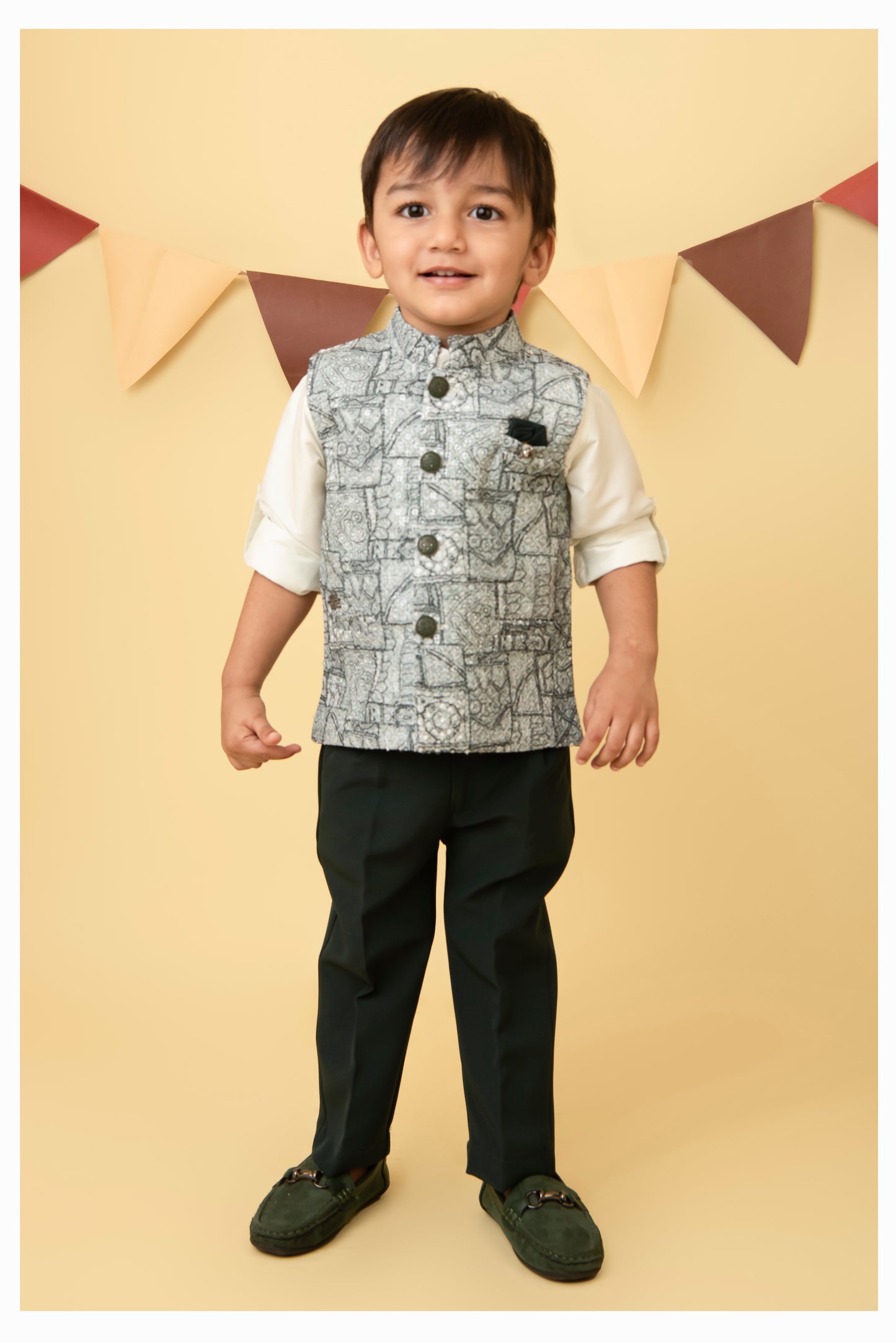 Formal Full Sleeves Shirt Pant and Festive Sleeveless Printed Embroidered Nehru Jacket Indo Western Set- Green