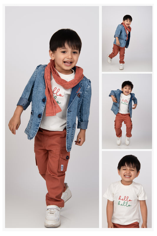 LITTLE COLLARS Super Handsome Full Sleeves Denim Coat with Cotton Trousers, Half Sleeves Tshirt and Stole- Rust